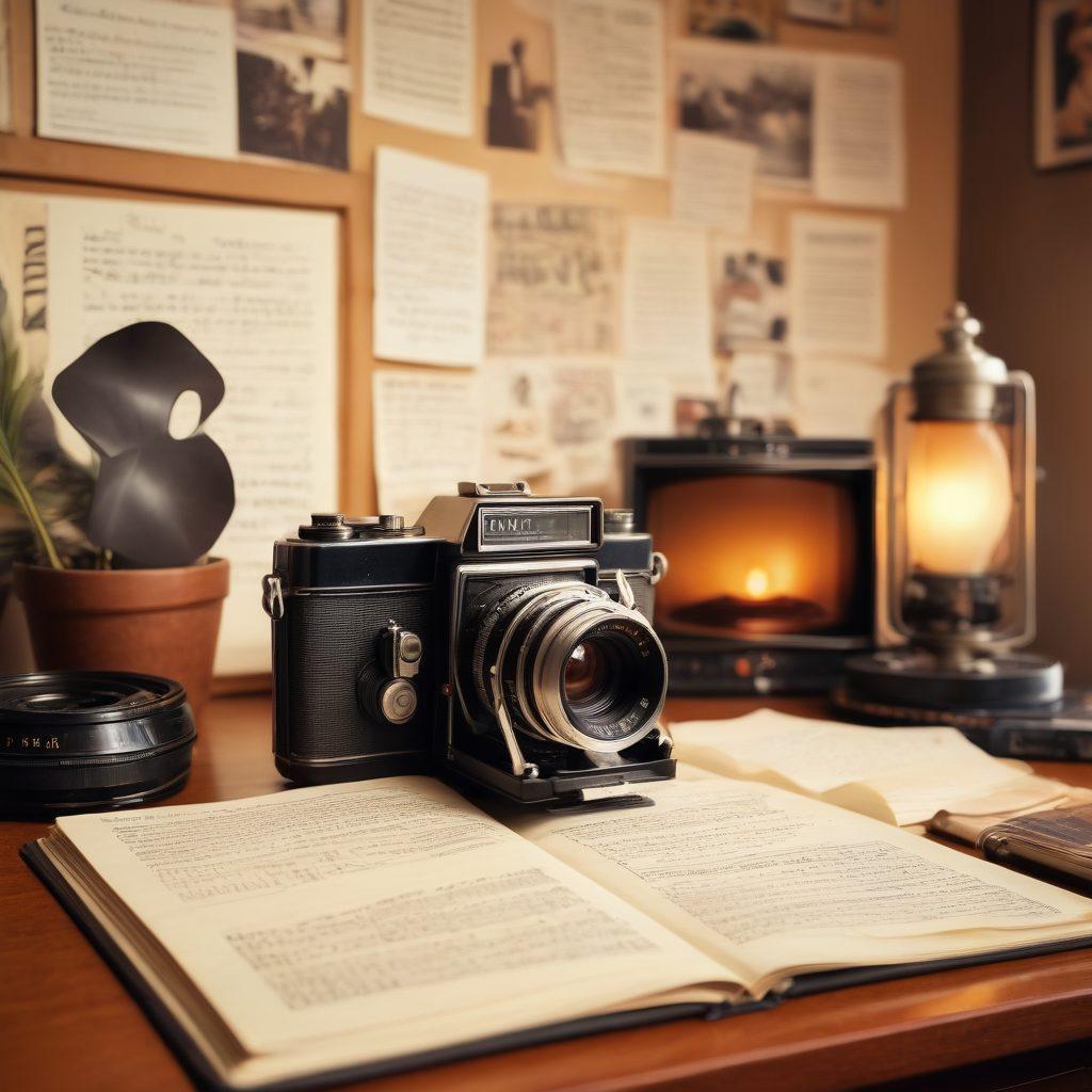 A vintage film camera resting on an open notebook filled with handwritten notes and sketches of movie scenes. In the background, iconic movie posters hang on a wall, reflecting various film genres. Soft lighting creates a warm, inviting atmosphere, with a stack of classic film DVDs nearby. An artistic film reel unwinds gently, symbolizing storytelling and critique. retro style. warm tones. high detail.