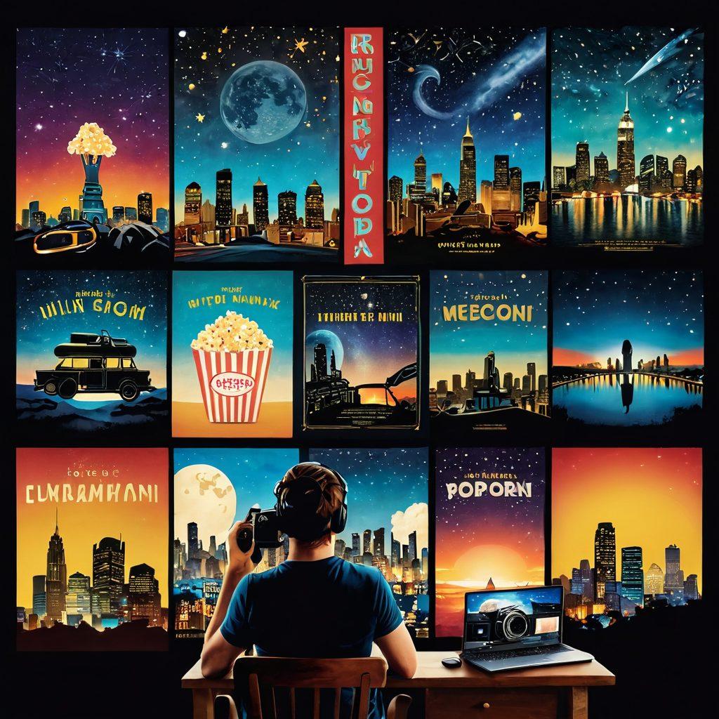 A vibrant collage of indie film posters transitioning into blockbuster movie posters, showcasing a film reel weaving through them. Include a film enthusiast holding a vintage camera, surrounded by popcorn and a laptop displaying online streaming. The background features a cinematic skyline with twinkling lights and a starry night sky. super-realistic. vibrant colors. dynamic composition.