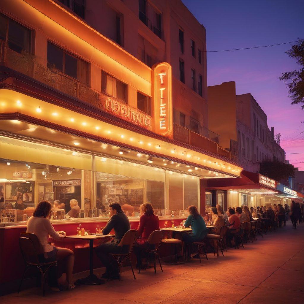 A vintage cinema marquee glowing at dusk, with bright lights outlining the title 'Navigating the World of Cinema'. In the foreground, a diverse group of passionate bloggers sit at a café table, laptops open, sharing notes and discussions, surrounded by iconic movie posters and film reels. Soft film grain texture overlays the scene to evoke nostalgia. Evocative colors blending reds and yellows enhance the atmosphere. retro illustration style. vibrant colors.